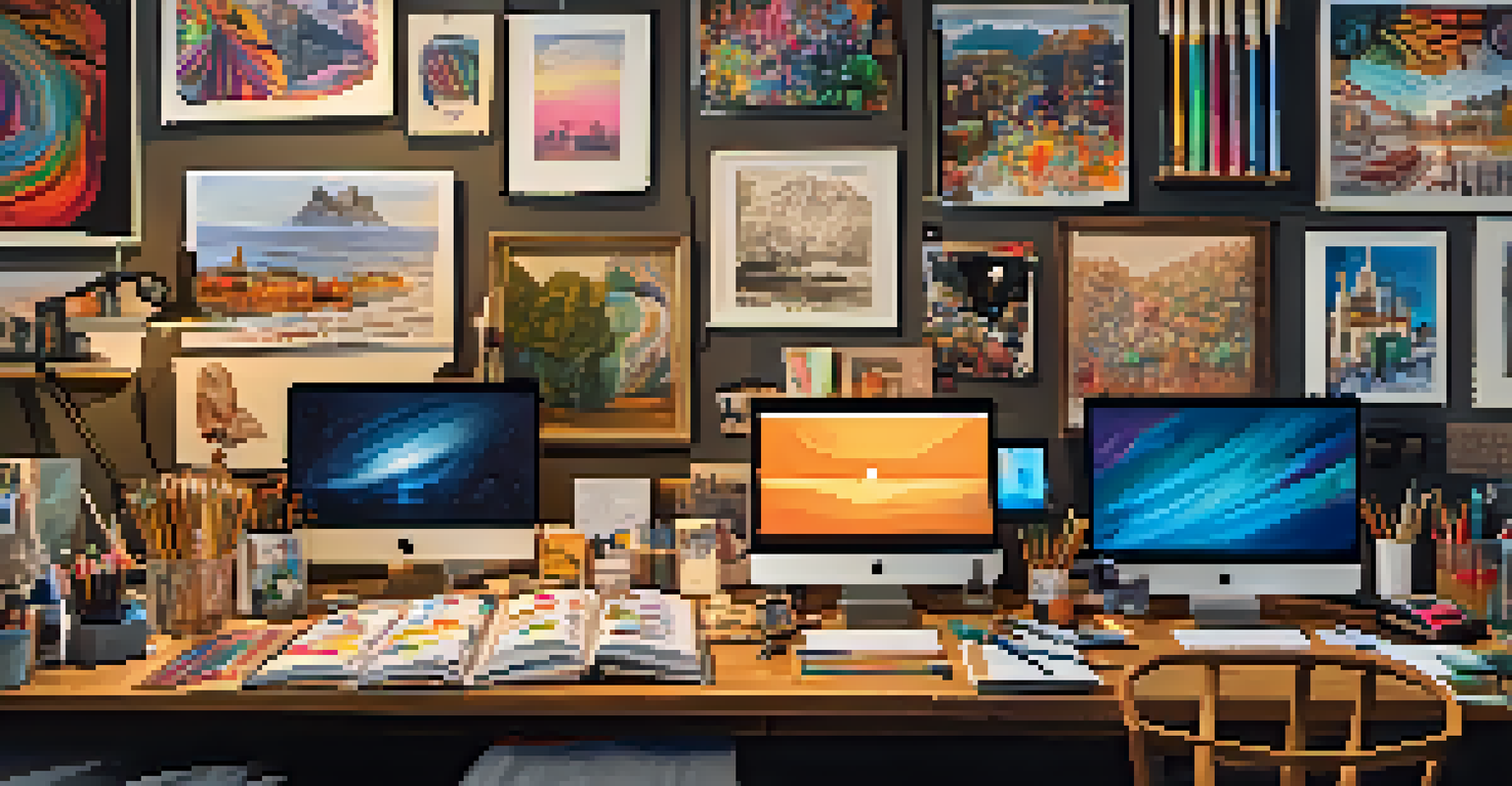A workspace with students engaged in an online art challenge, surrounded by art supplies and a mural of famous artworks.