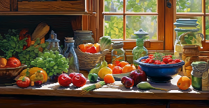 A bright kitchen filled with colorful fresh fruits and vegetables, with sunlight streaming through a window.
