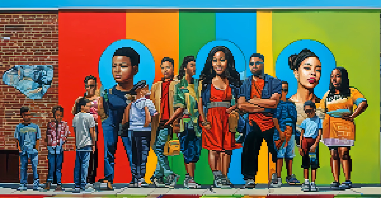 A mural showing individuals from different backgrounds expressing their identities with vibrant colors on a city wall.