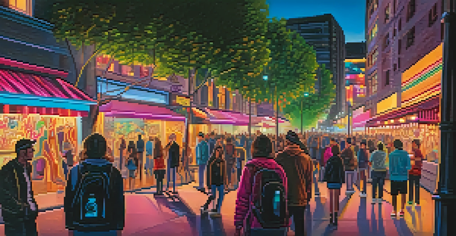 A lively urban park at night filled with glowing street art installations and a crowd of people enjoying the art under soft street lamp lighting.