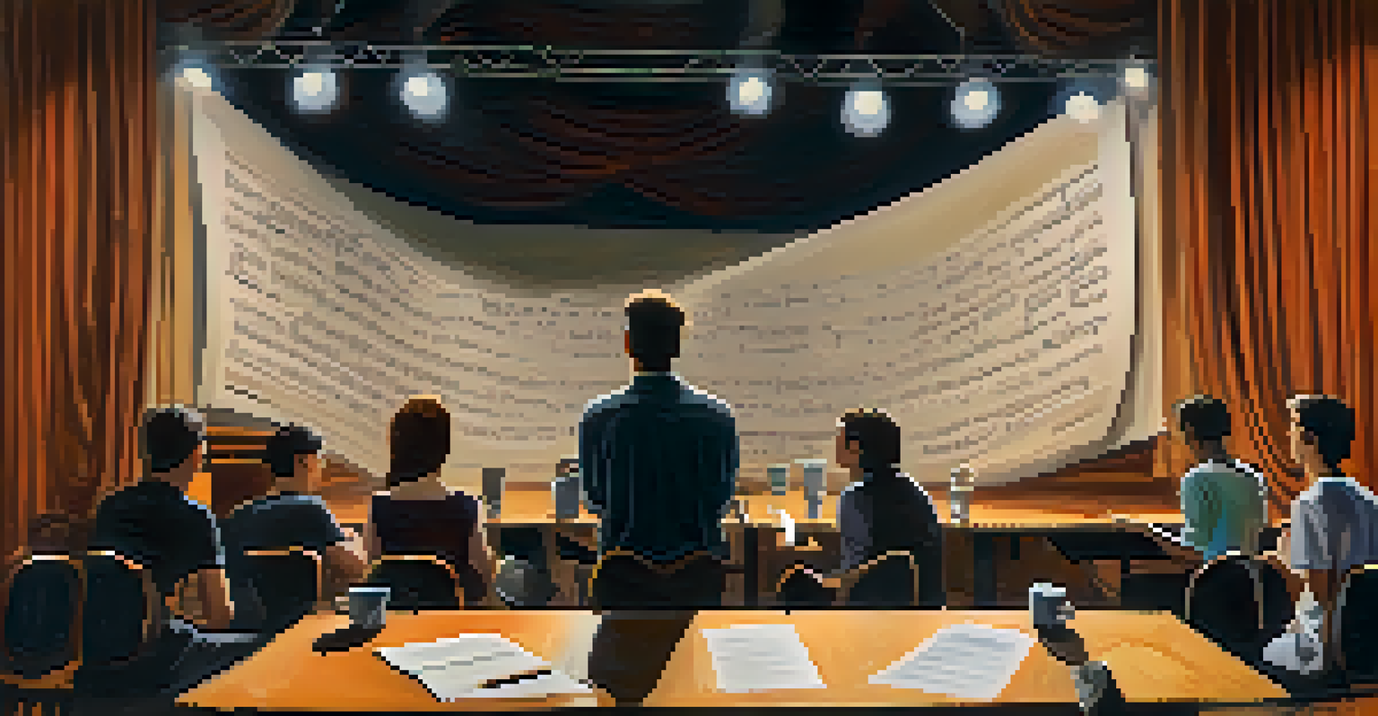 A close-up of a theater rehearsal with a handwritten script on a table, coffee cups, and actors practicing their lines on stage in a creative environment.