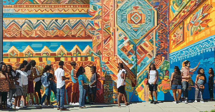 A colorful street mural showcasing diverse individuals from different cultures engaged in art, with bright colors and intricate designs.