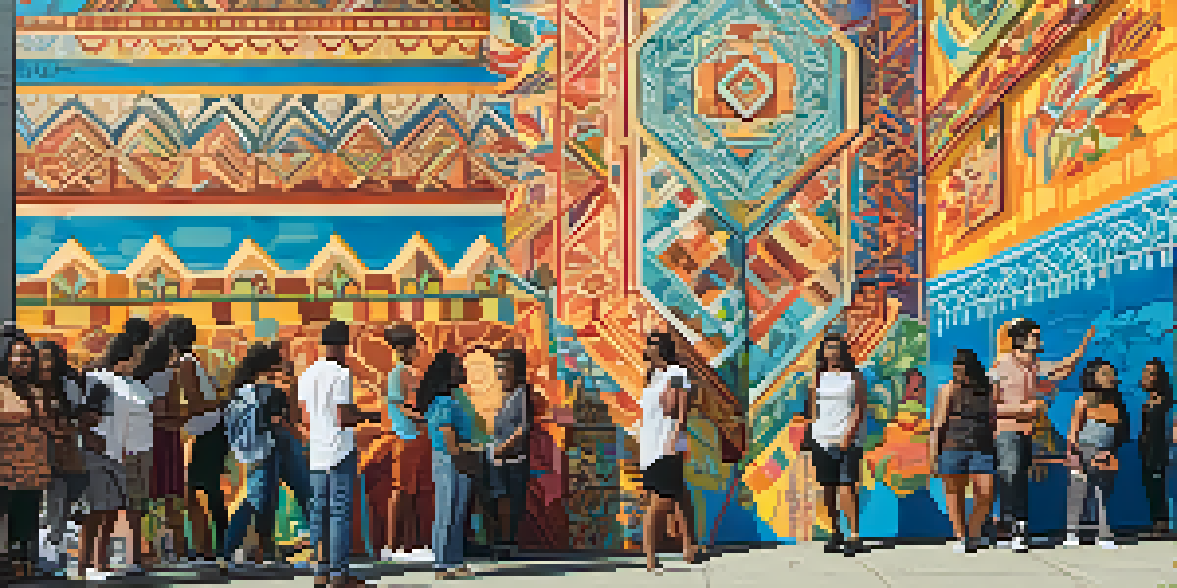 A colorful street mural showcasing diverse individuals from different cultures engaged in art, with bright colors and intricate designs.