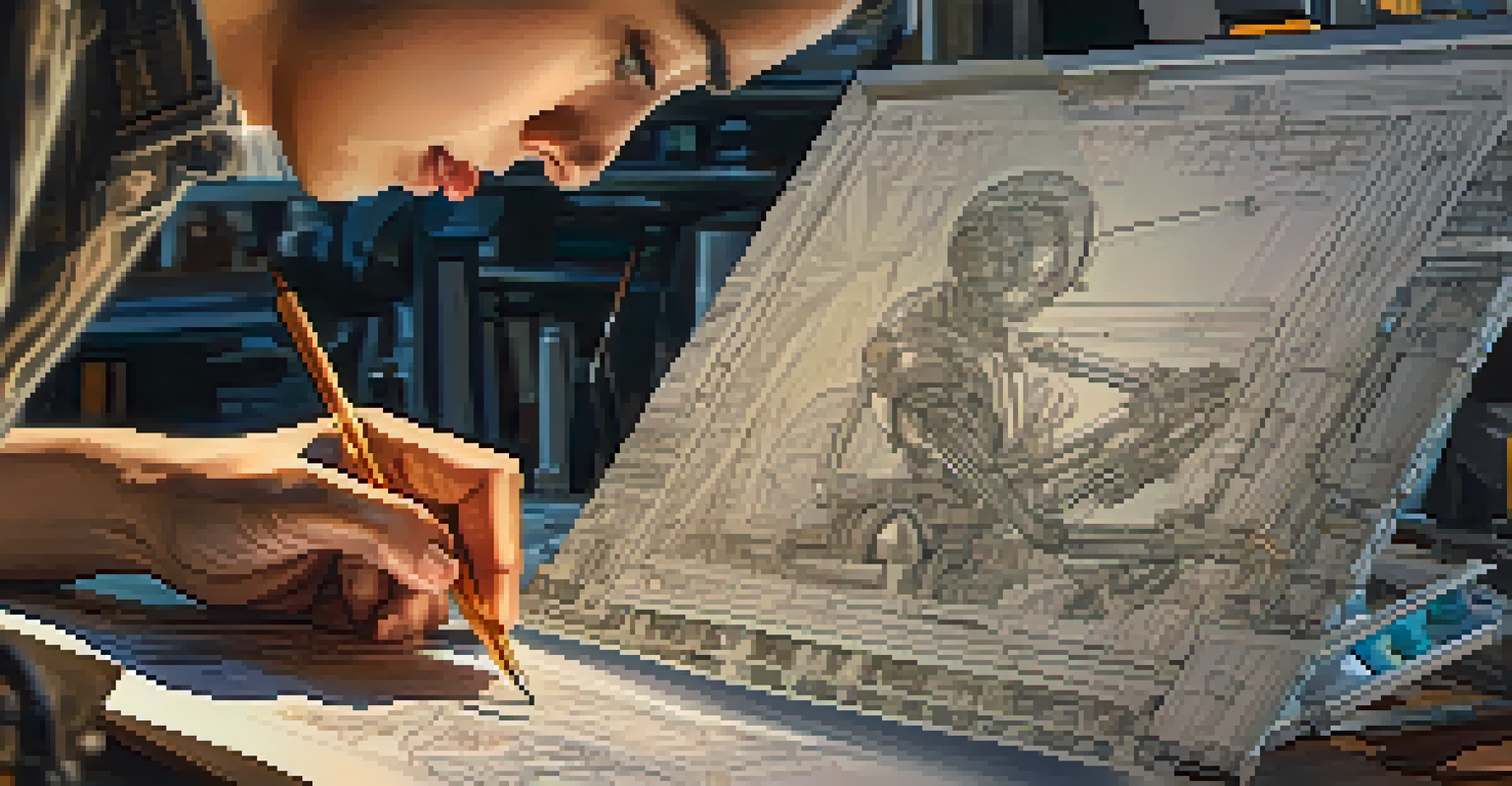 A close-up of an artist working with a drawing robot, creating detailed line art together in a cozy studio.