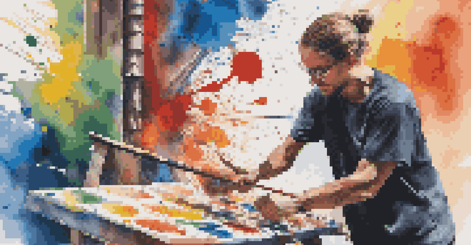 A street artist painting a colorful mural, influenced by music, with an energetic atmosphere.