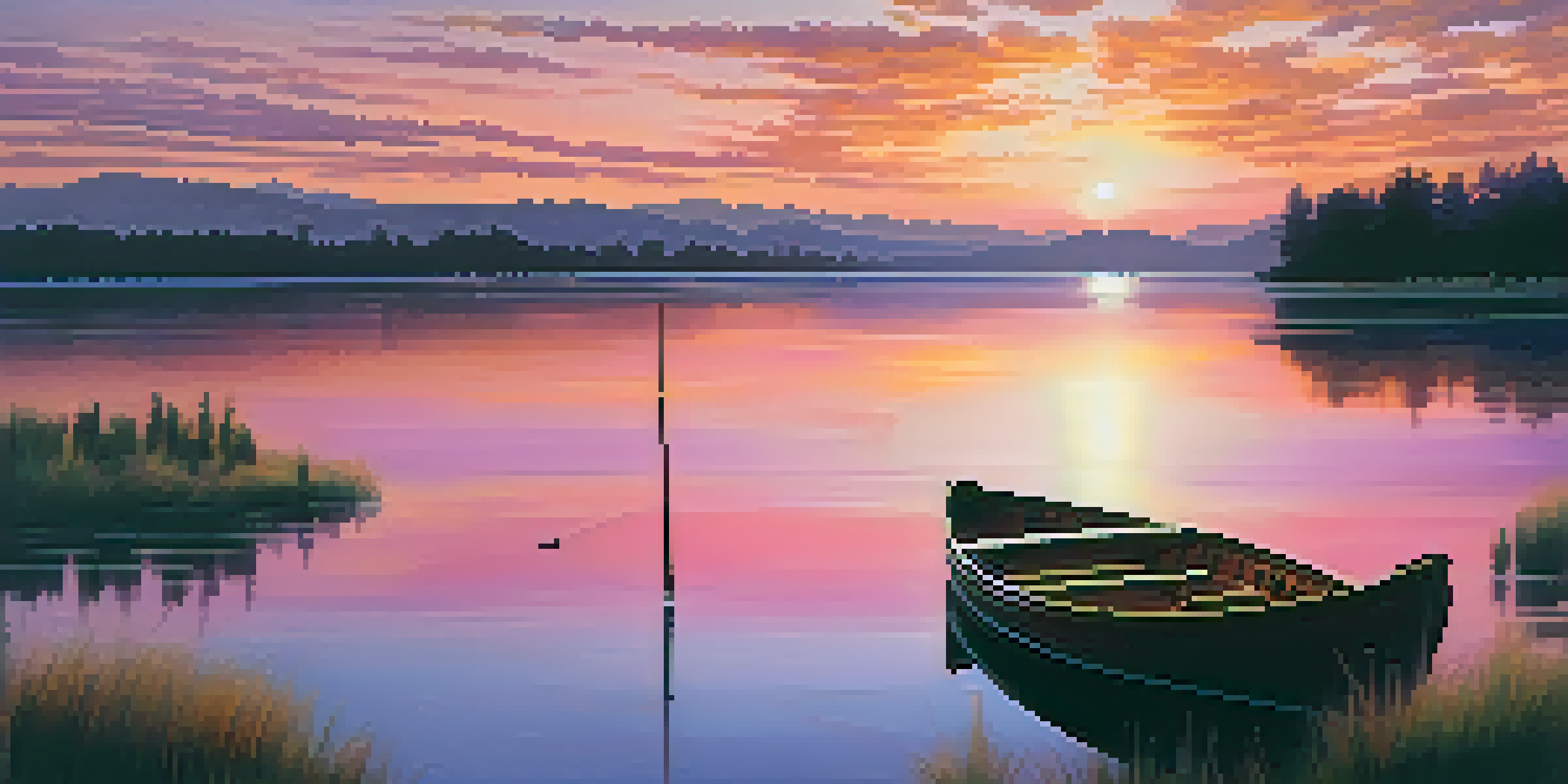 A tranquil sunset over a lake with colorful reflections and a small boat.