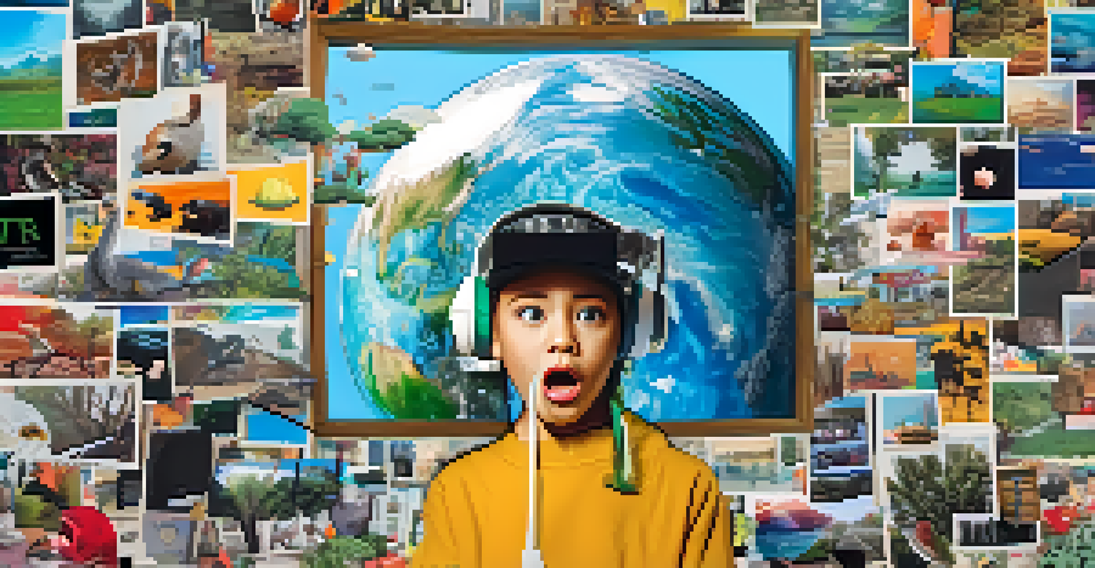A colorful digital collage blending meme culture and video art with a humorous message about climate change.