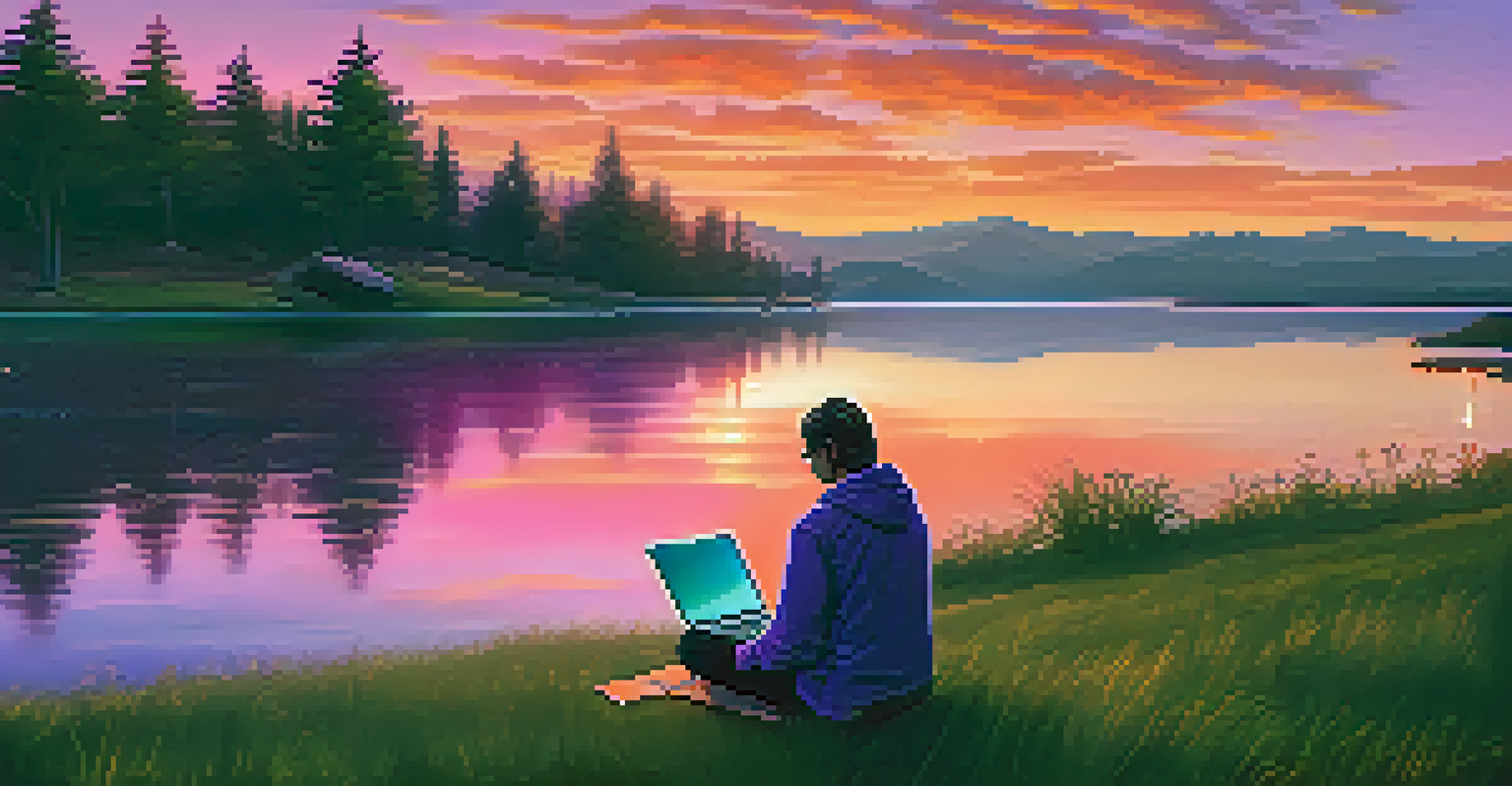 An artist creating an NFT artwork on a laptop outdoors, with a lake and sunset in the background, reflecting warm colors.