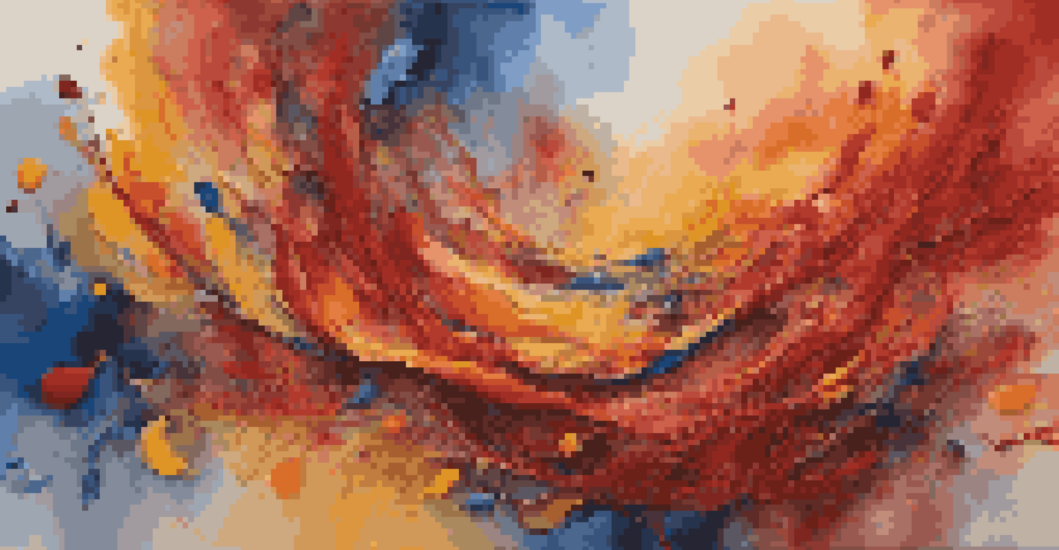 An abstract painting with swirling colors of red, yellow, and blue, representing the connection between colors and memories.