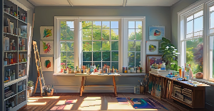 An artist's studio with a large colorful canvas, art supplies scattered around, and a view of a garden through the window.