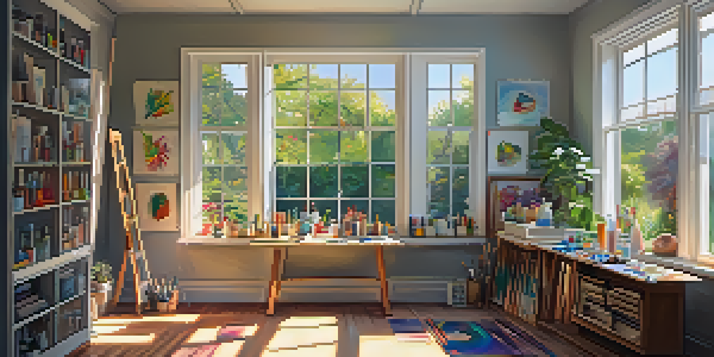 An artist's studio with a large colorful canvas, art supplies scattered around, and a view of a garden through the window.