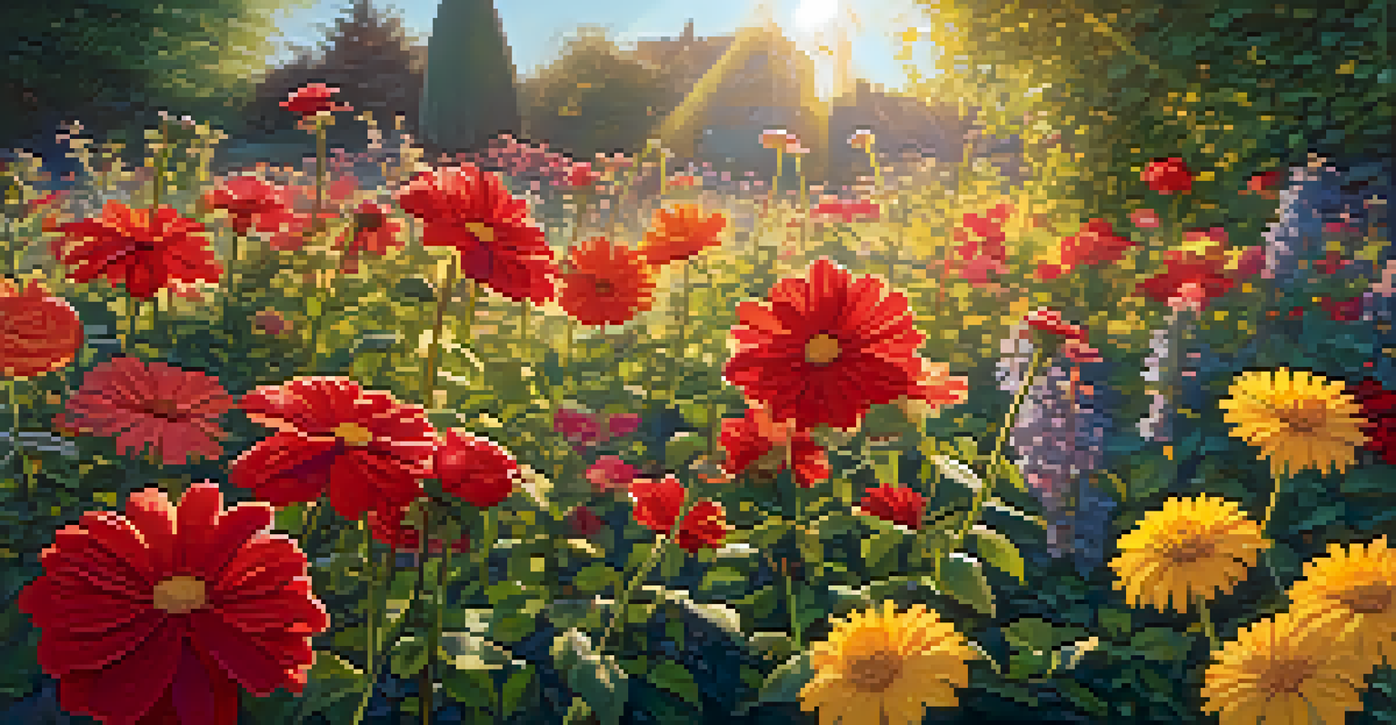 A close-up view of a flower garden at golden hour, with sunlight highlighting vibrant petals and delicate textures.