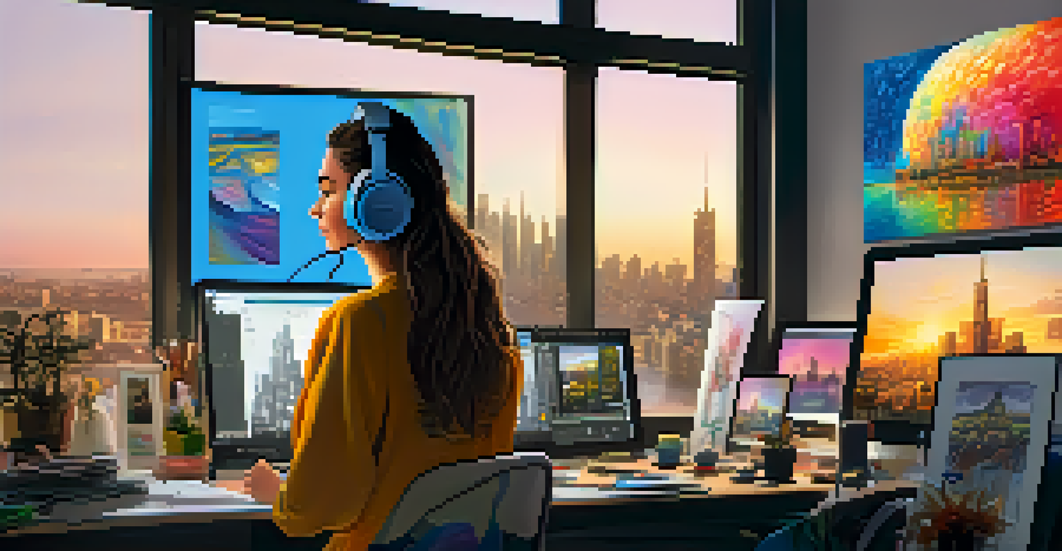 A digital artist in a modern workspace creating art on a computer with city skyline in the background.