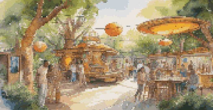 An outdoor art installation with colorful murals and sculptures surrounded by greenery, illuminated by golden sunlight.