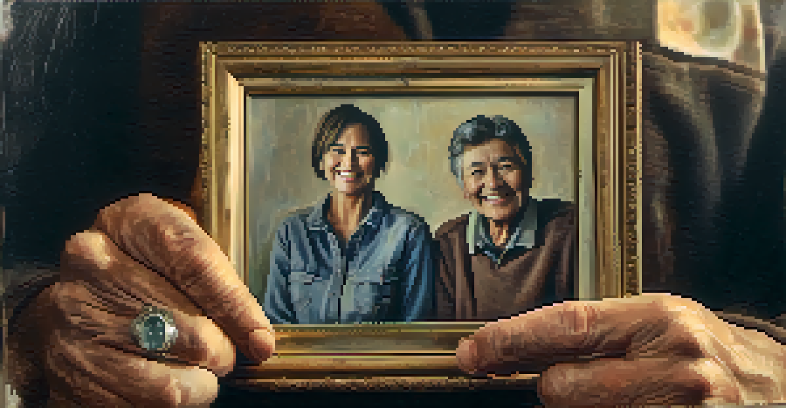 Close-up of weathered hands holding a tattered family photograph, set against a blurred makeshift living space.