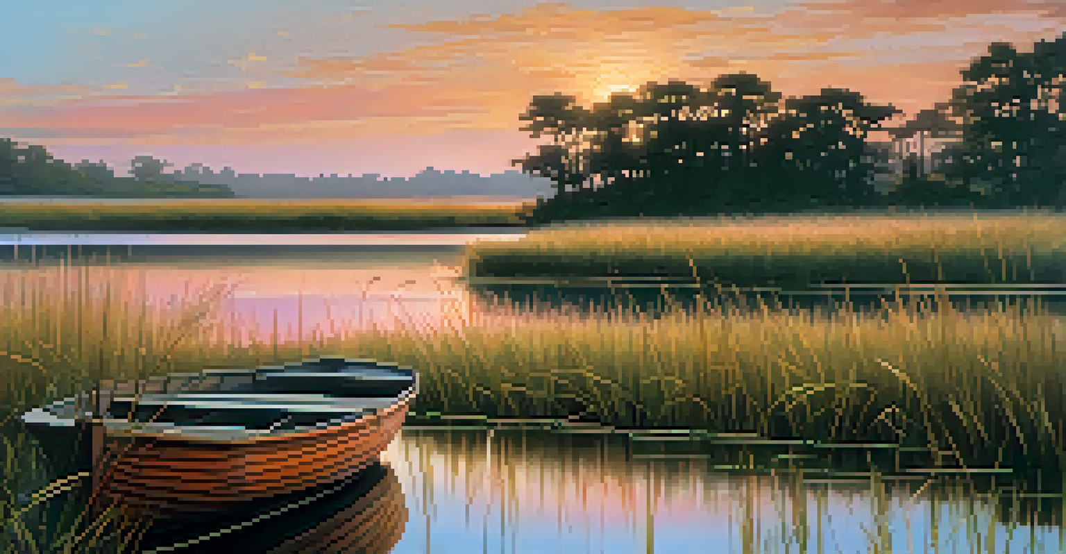 A sunset landscape with a tranquil lake, reflecting colors in the sky and tall grasses in the foreground.