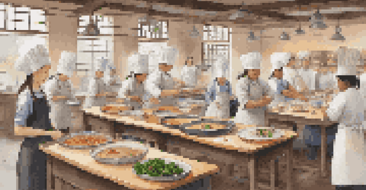 Students participating in a cooking workshop in a classroom, learning to prepare traditional dishes with a local chef.