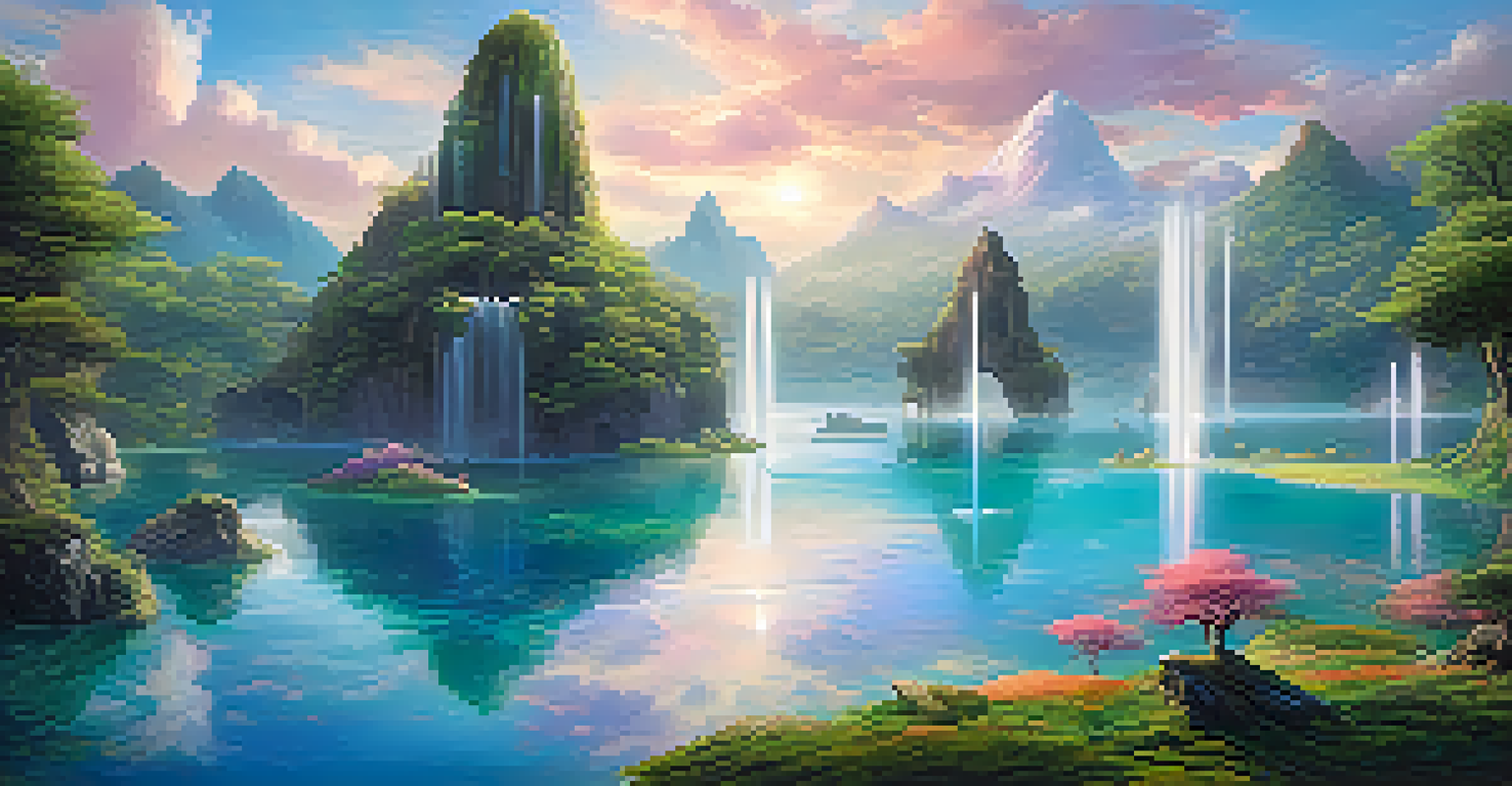 Artists creating art in a serene, dreamlike virtual reality landscape with floating islands and waterfalls.