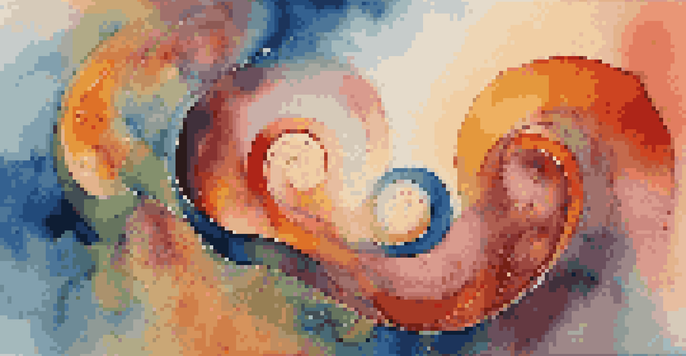 An abstract painting with bold colors and sweeping shapes representing mythology, featuring spirals and organic forms.