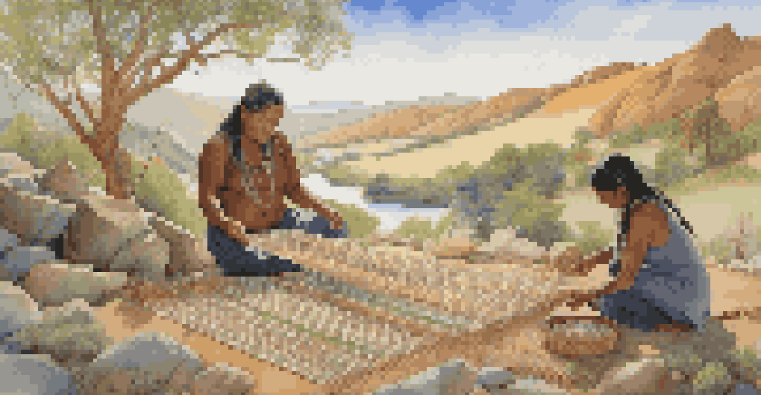 An Indigenous artist weaving a tapestry in a natural landscape, using stones and branches, with hills and a blue sky in the background.