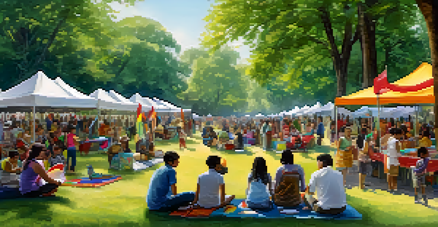 A vibrant community event in a park featuring local art, music, and children painting, with colorful decorations and a lively atmosphere.