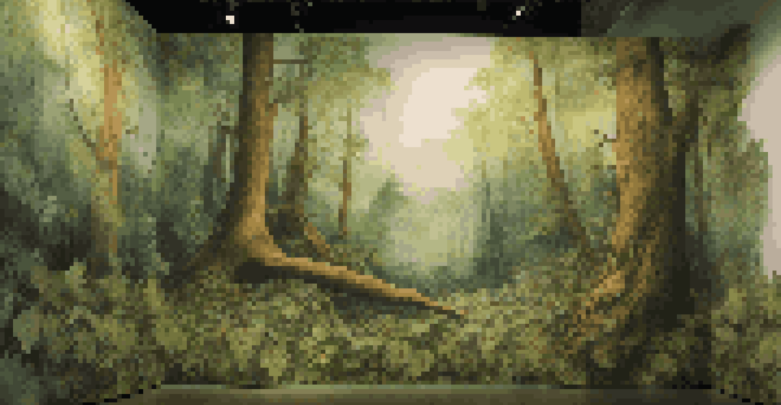 A digital art installation with virtual reality depicting a pristine forest alongside images of climate change impacts.