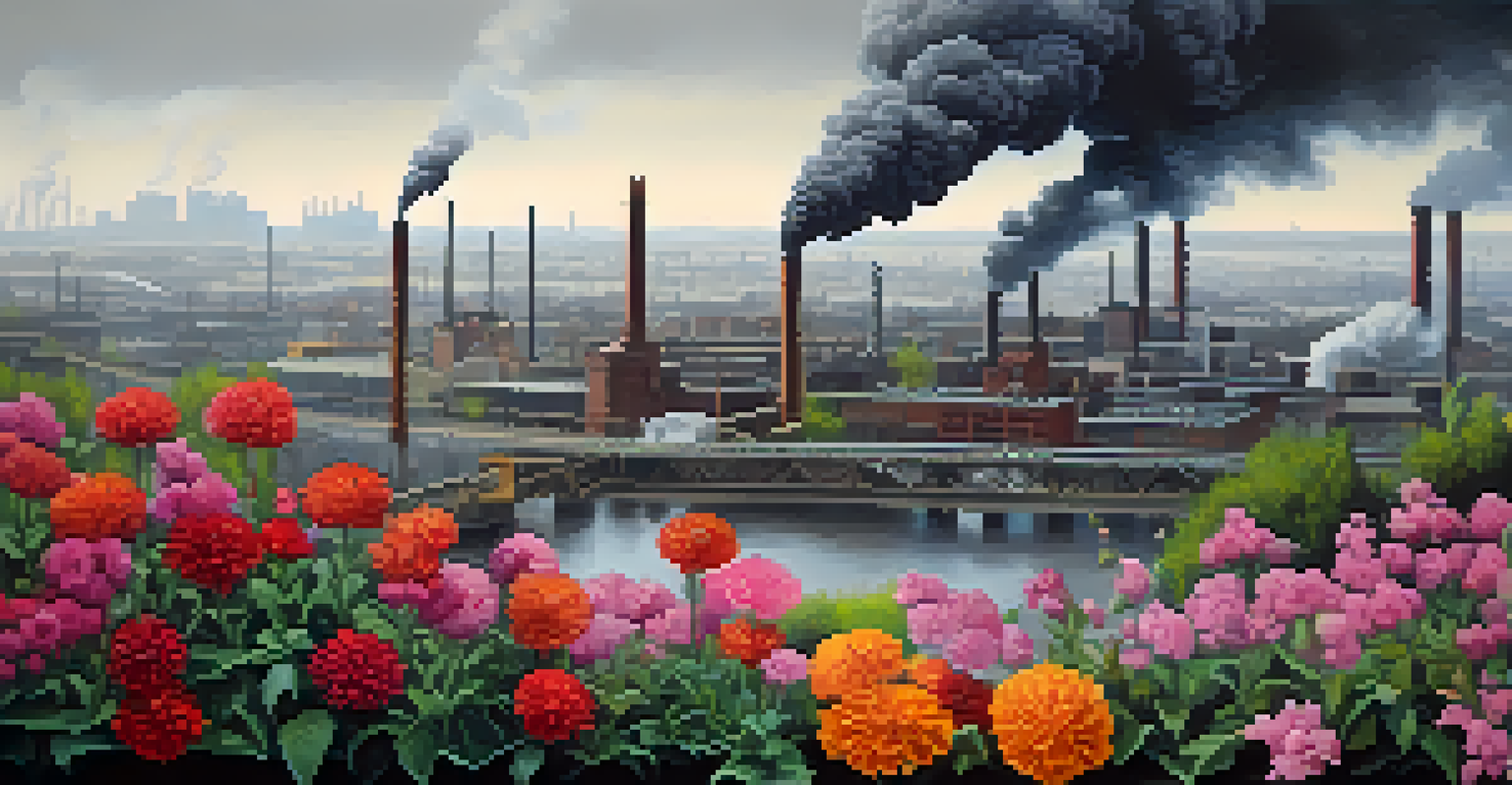 A stark contrast between a polluted urban landscape and a blooming garden, illustrating the impact of pollution on the environment.