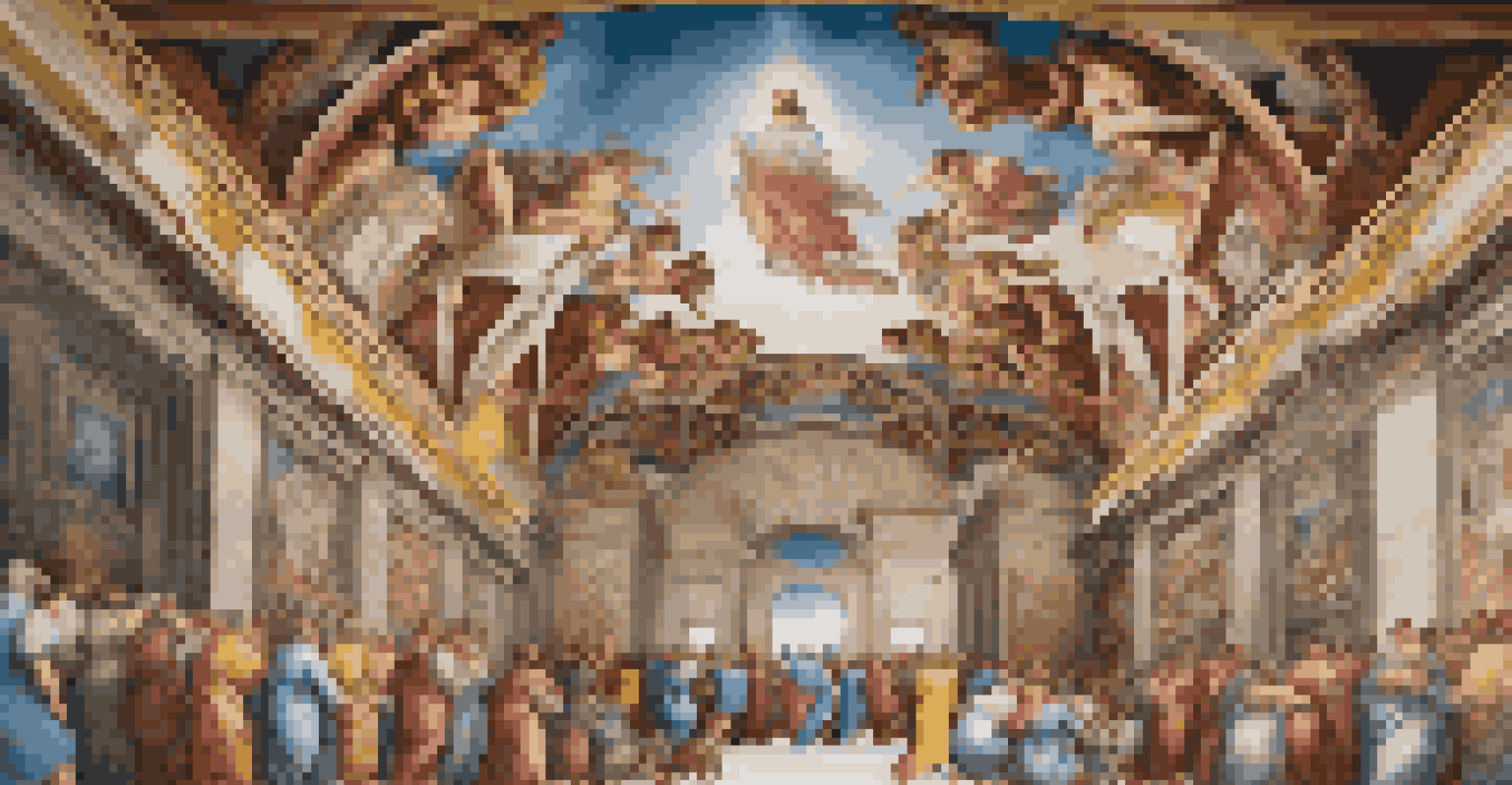 A panoramic view of a virtual Sistine Chapel, highlighting the beautiful ceiling artwork and visitors engaging with the experience.