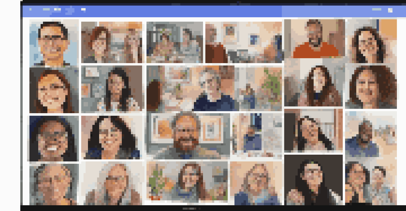 A virtual group art therapy session with participants sharing their artwork through video call.