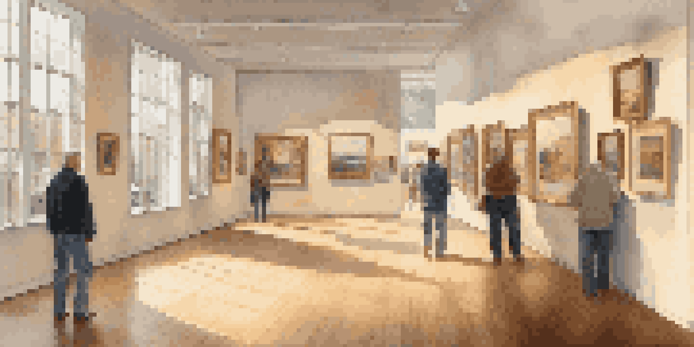 An art gallery with various paintings displayed on the walls, illuminated by soft lighting and natural light from large windows. Visitors are admiring the art.