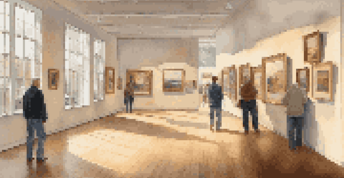 An art gallery with various paintings displayed on the walls, illuminated by soft lighting and natural light from large windows. Visitors are admiring the art.