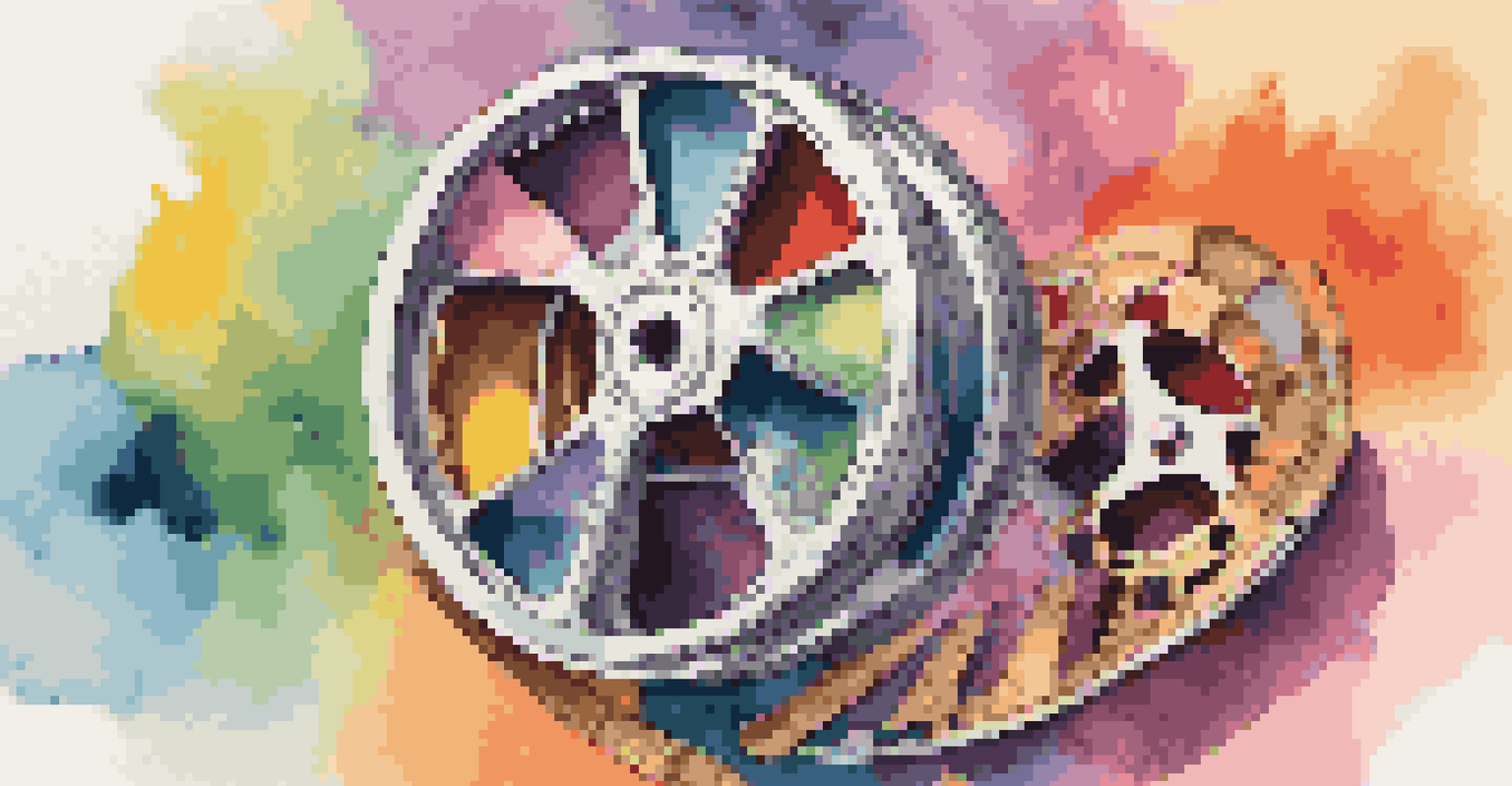 A colorful film reel unraveling, showcasing diverse characters and scenes from cinema.