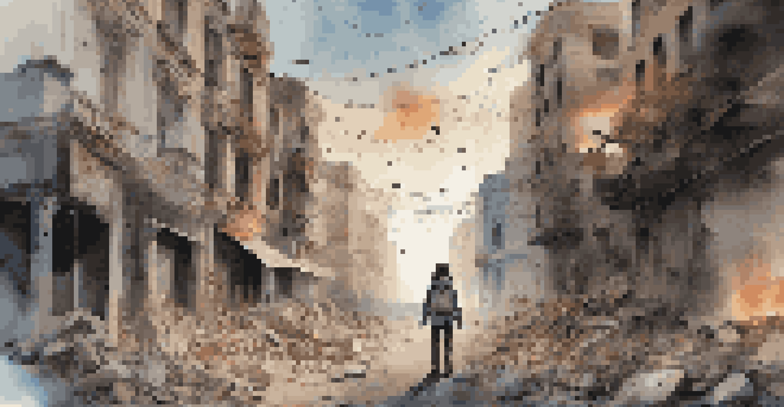 A digital art installation depicting a war-torn city in virtual reality, highlighting destruction and resilience with dramatic lighting and vibrant colors.