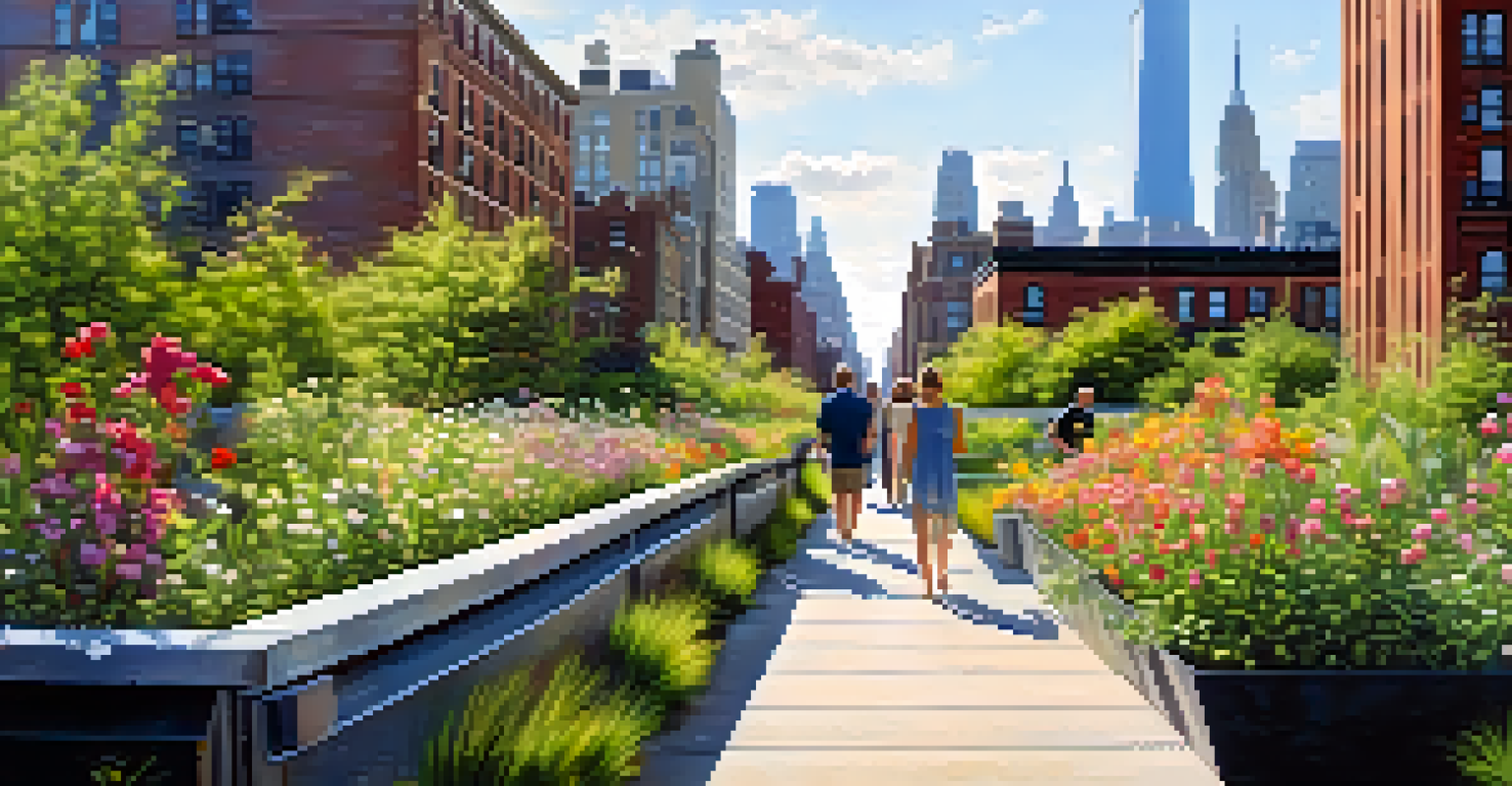 An elevated view of the High Line park in New York City, filled with art installations and greenery.