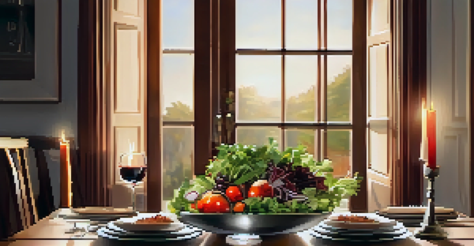 A warm and inviting dining space with a wooden table set for a meal, featuring a vibrant salad and a glass of red wine under soft lighting.