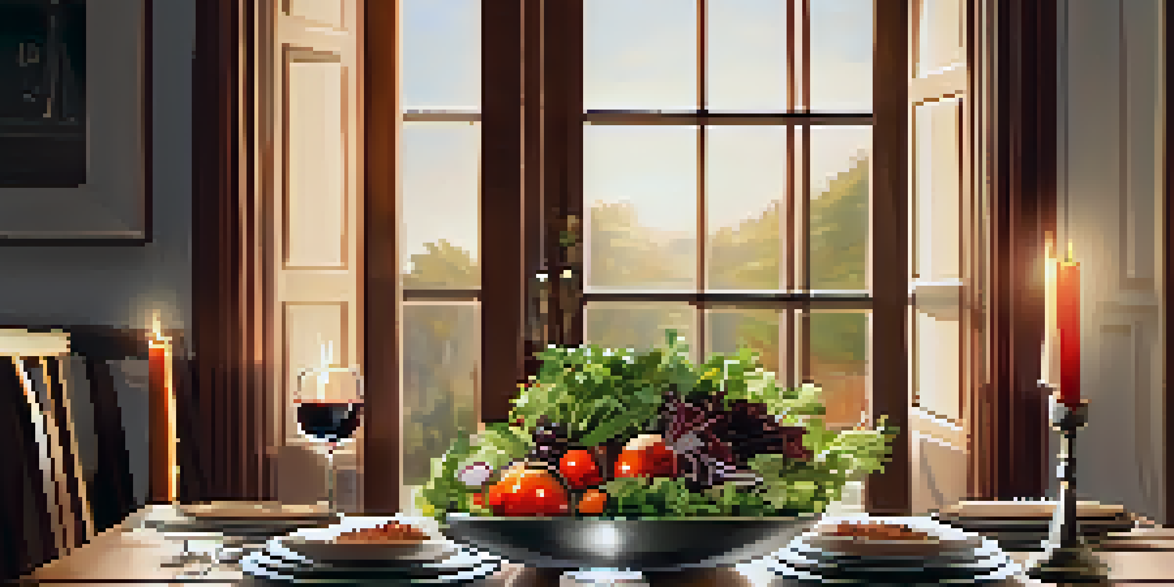 A warm and inviting dining space with a wooden table set for a meal, featuring a vibrant salad and a glass of red wine under soft lighting.