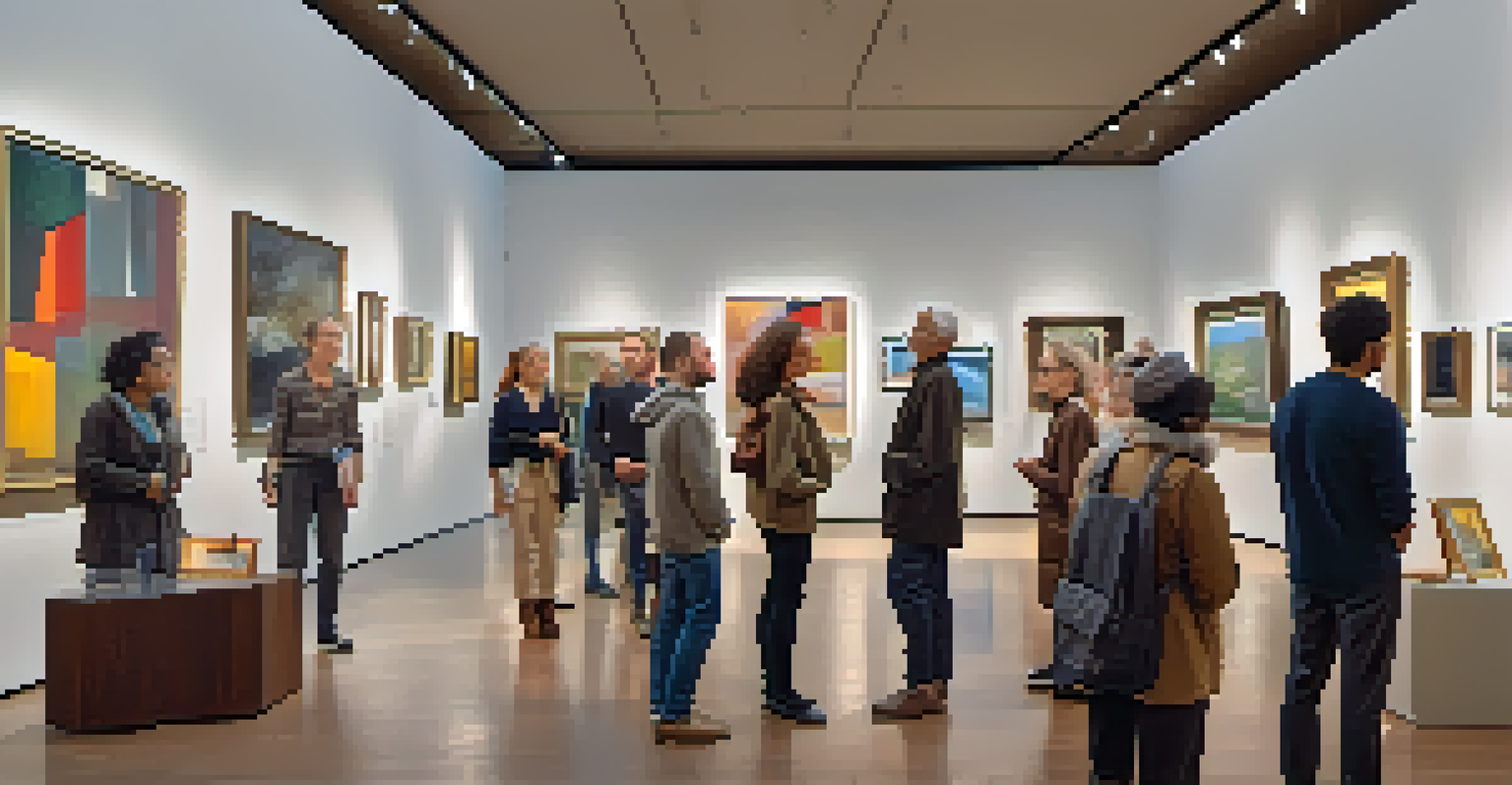 A diverse group of art critics discussing art in a gallery surrounded by modern artworks.