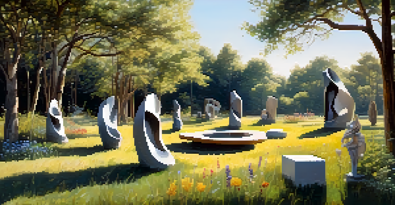 An outdoor exhibition featuring sculptures made from recycled materials, set in a natural landscape with trees and wildflowers, illuminated by soft natural light.