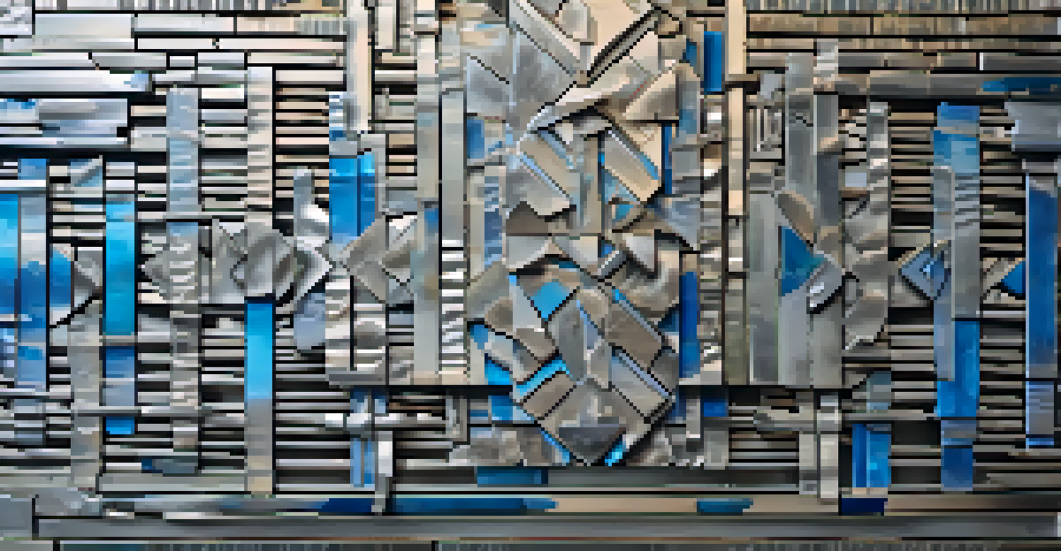 A close-up view of an abstract wall art piece made from recycled aluminum and metal scraps, displayed on a rustic brick wall.