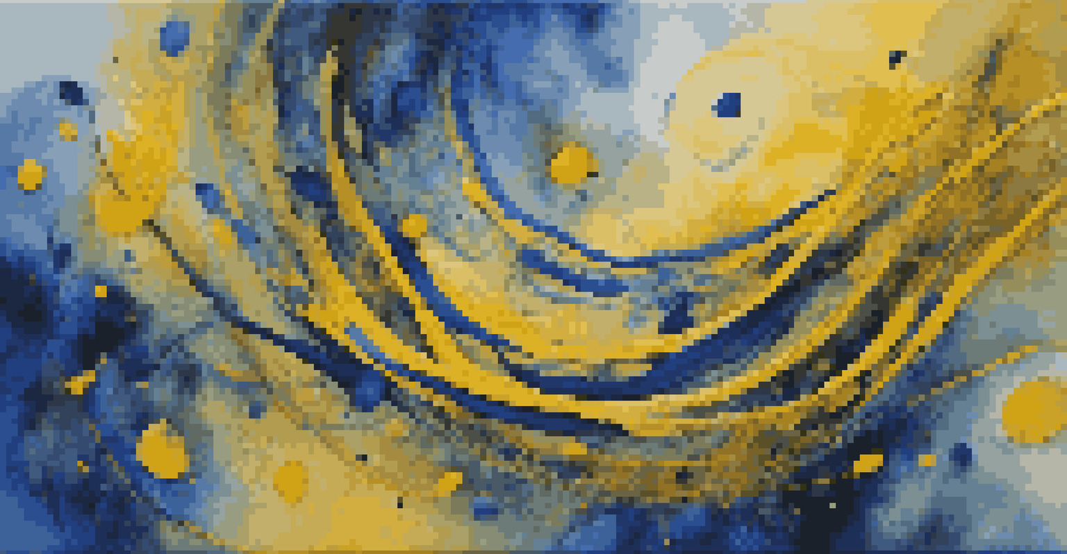 An abstract painting with vibrant colors illustrating complex emotions, featuring deep blues and bright yellows intertwined in swirling patterns.