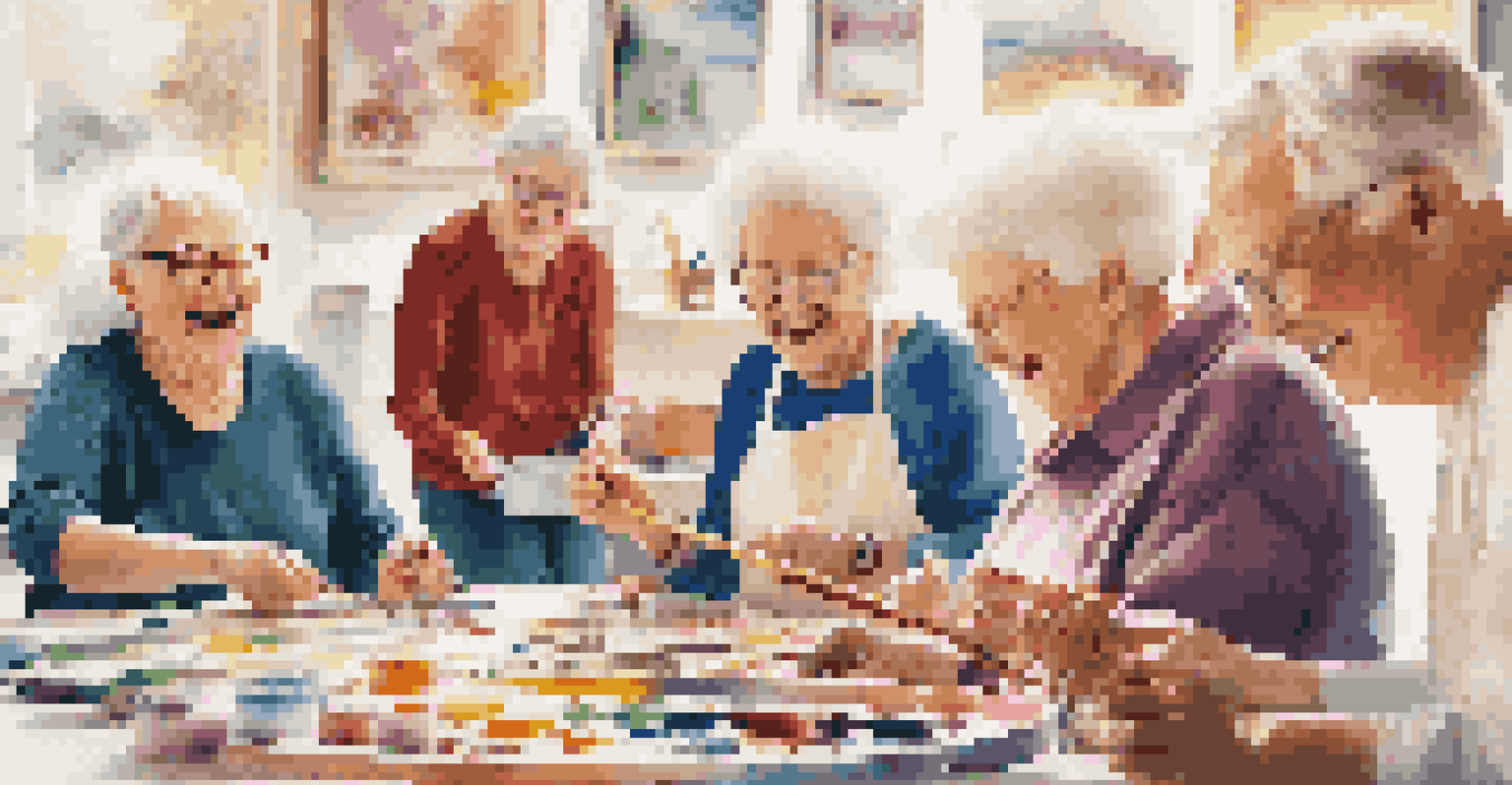 A diverse group of seniors joyfully participating in an art class, surrounded by art supplies and colorful creations.