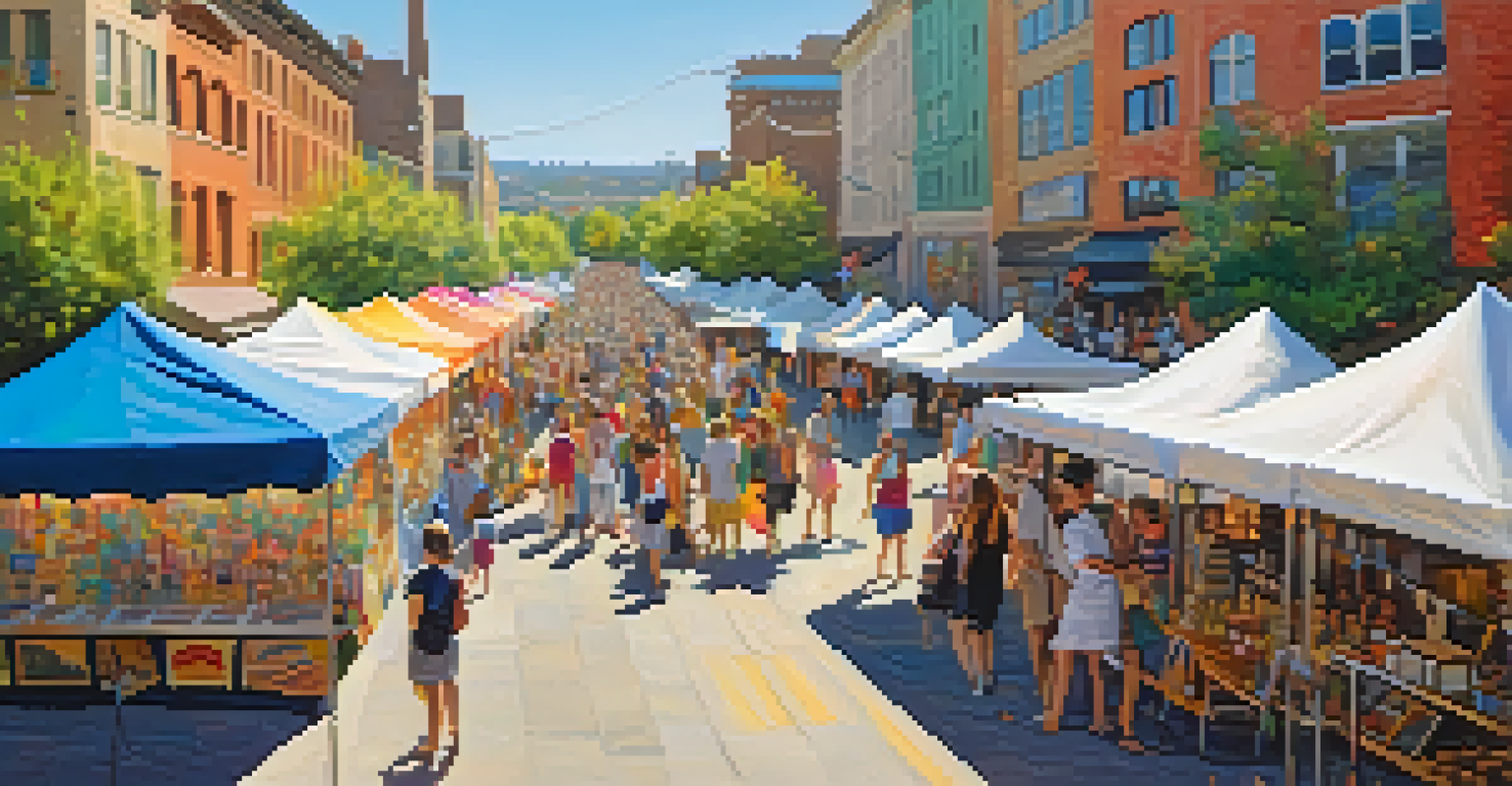 An outdoor art fair with artists displaying colorful artworks, and visitors engaging in a lively atmosphere.