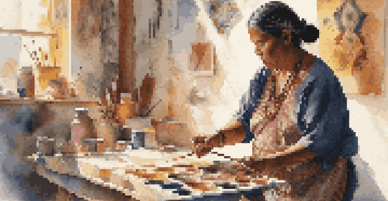 An indigenous artist painting in a sunlit studio, surrounded by colorful paints and her previous artworks.