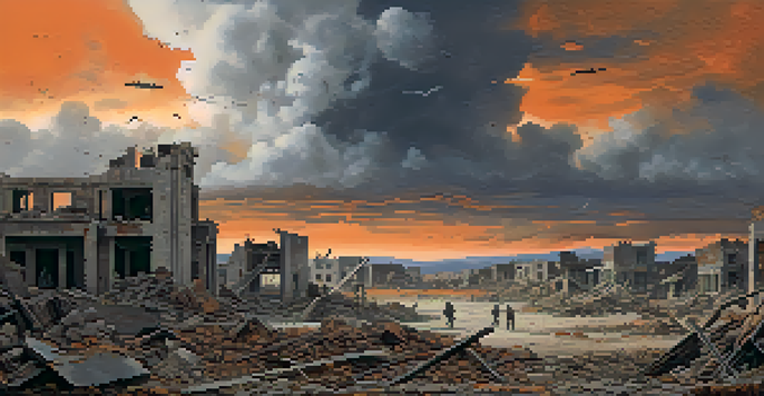 A war-torn landscape showing destroyed buildings and silhouettes of survivors against a dramatic sky.