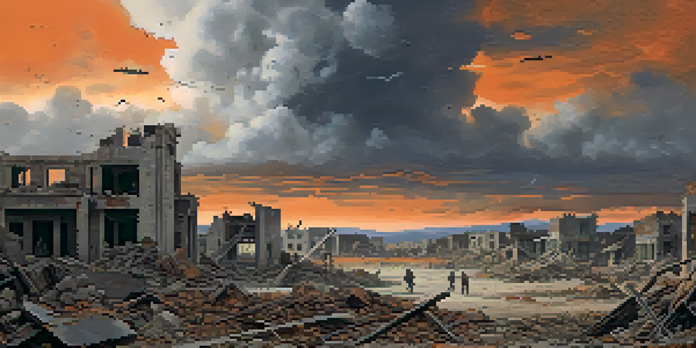 A war-torn landscape showing destroyed buildings and silhouettes of survivors against a dramatic sky.