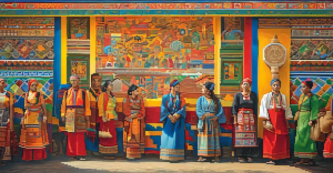 A colorful mural showcasing cultural symbols, including folklore, traditional costumes, and local crafts, with people admiring the artwork.