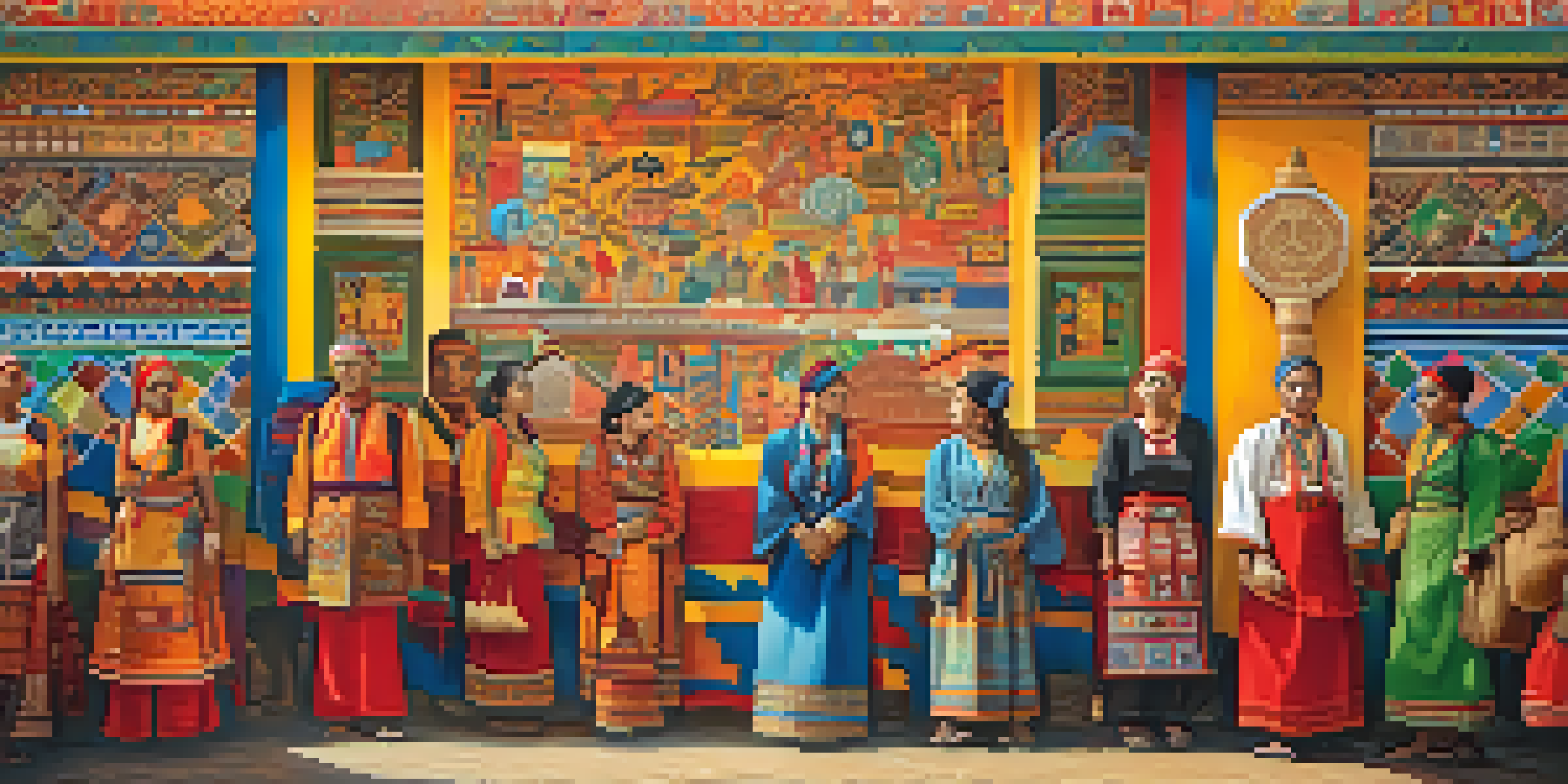 A colorful mural showcasing cultural symbols, including folklore, traditional costumes, and local crafts, with people admiring the artwork.
