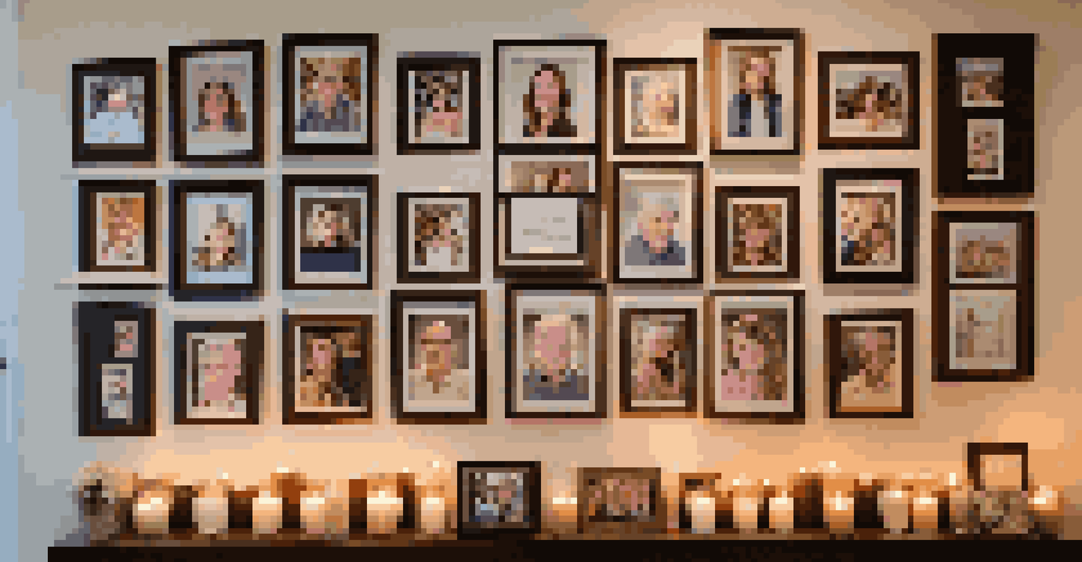 A heartfelt memory wall with photographs and art honoring a loved one, illuminated by warm lighting.
