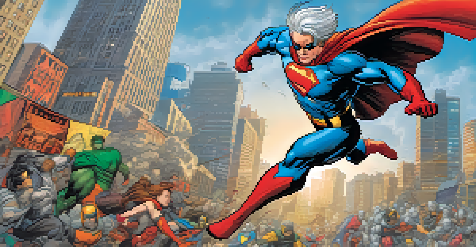 An older superhero in action on a comic book page, set against a lively city background, illustrating the contrast of age and energy.