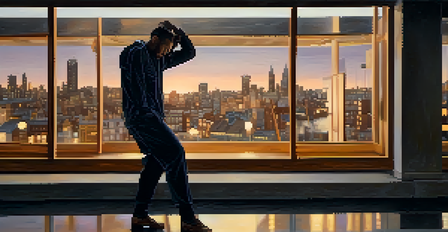 An artist striking a dramatic pose in an urban setting at dusk, illuminated by a spotlight, conveying themes of vulnerability.